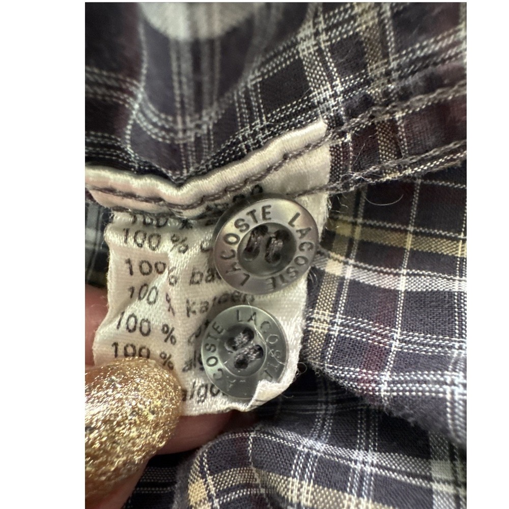 Lacoste 42 Mens Plaid Button Up Shirt L/S Flannel‎ Cotton Casual Brown Grey Top - Picture 6 of 7